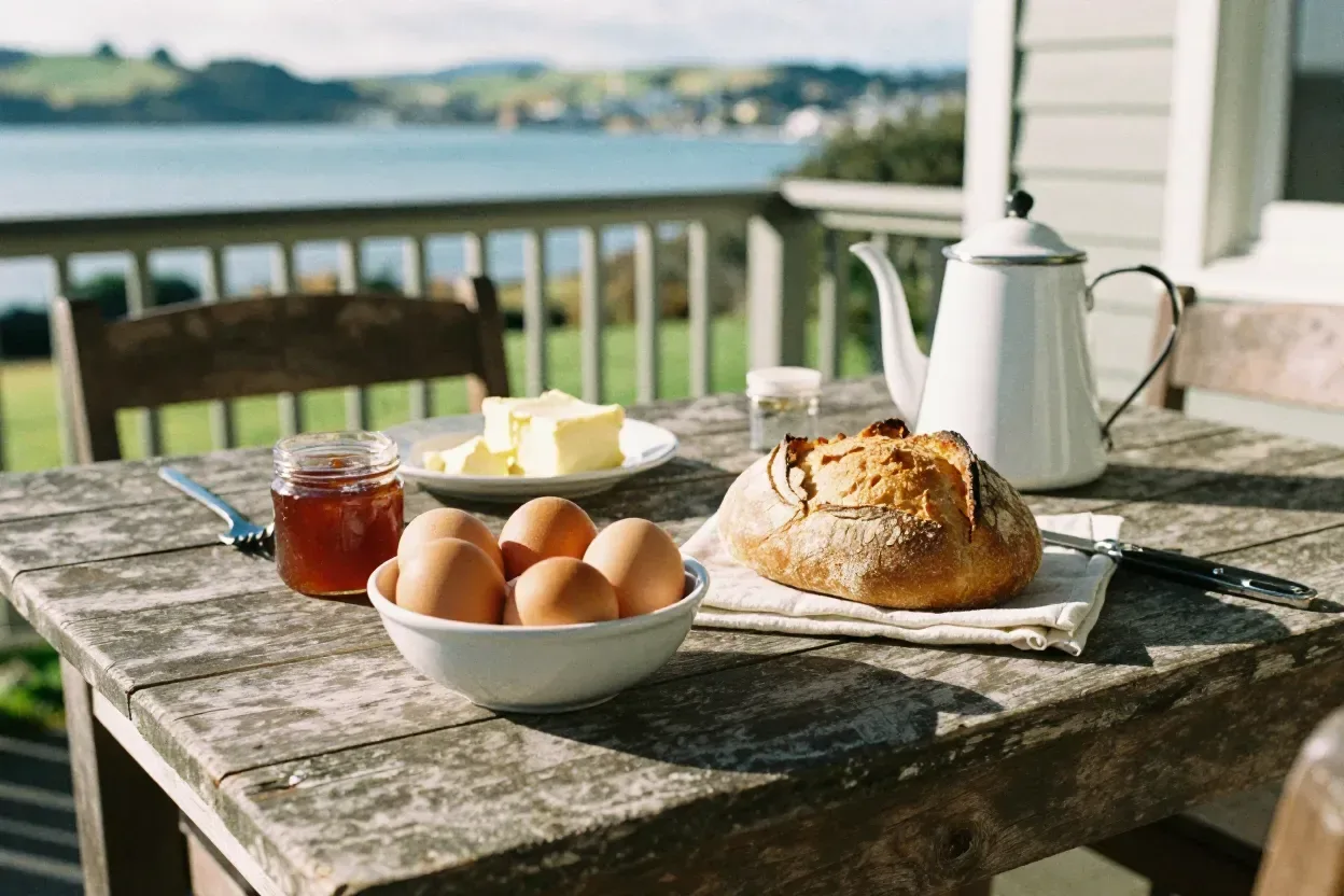 Breakfast of eggs, sourdough and jam on the deck