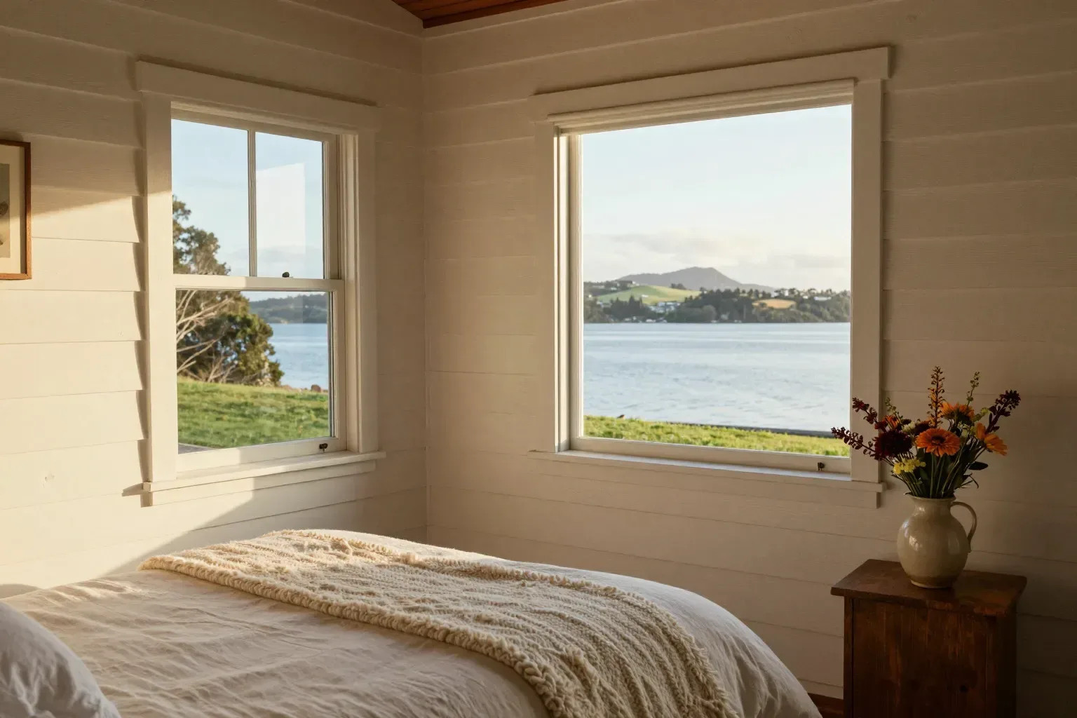 Bedroom in Pōhutukawa Cottage with harbour views